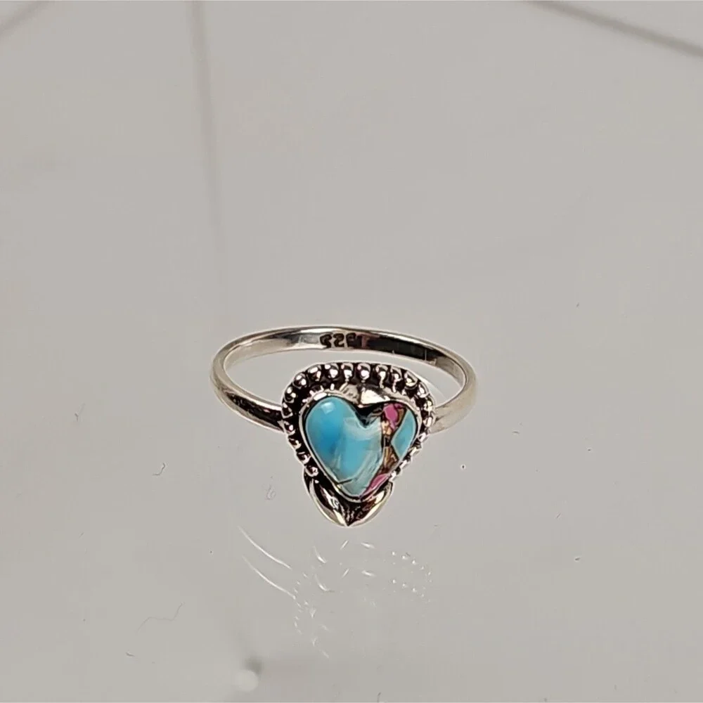 Cotton Candy Dahlia 925 Sterling Silver Turquoise Multicolor Heart Ring